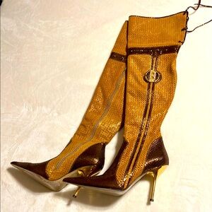 Begonia. Elegant Gold and Brown Knee-High Boots. Size 8. Stiletto heels.